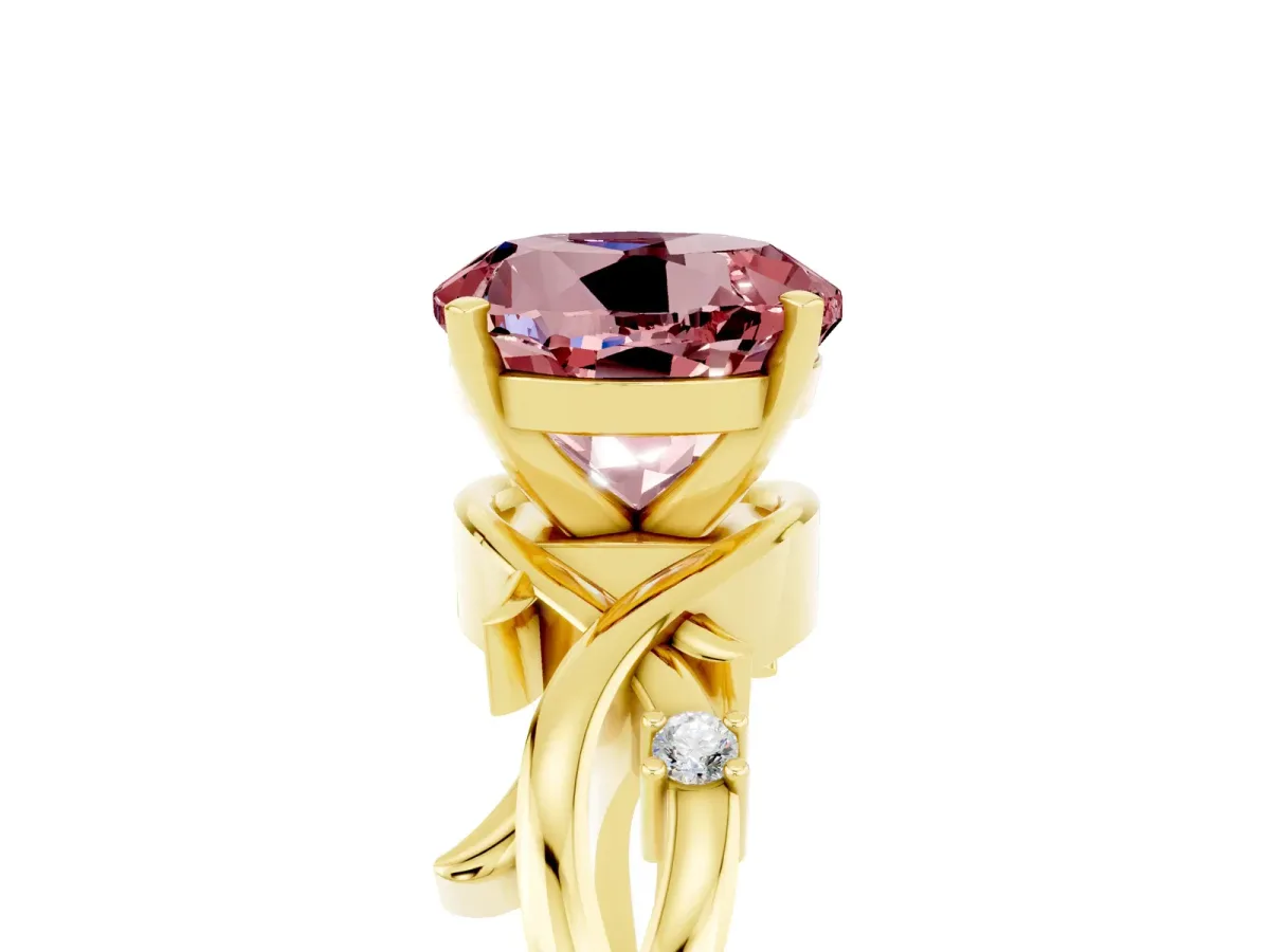 Round Cut Morganite Solitaire Ring with Twisted Band and Prong Setting Yellow gold