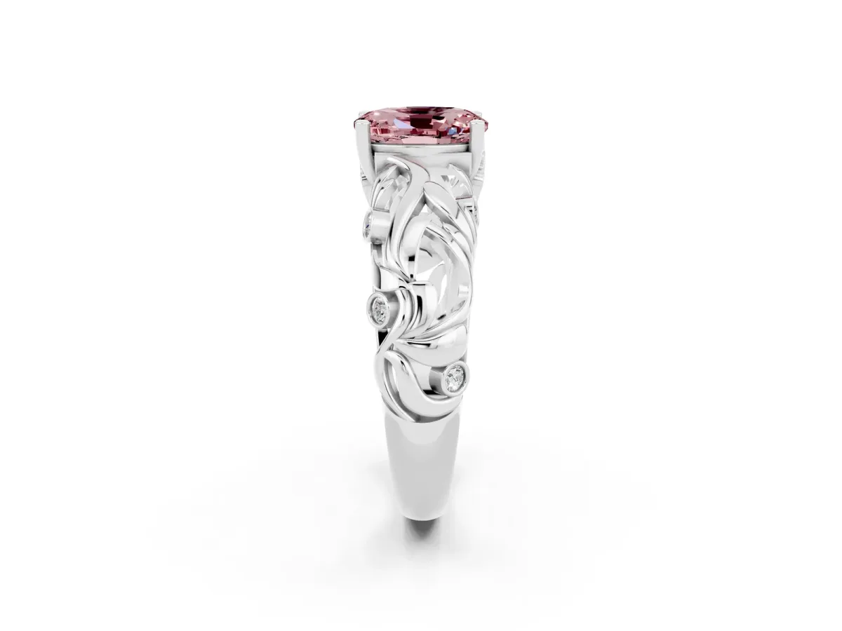 Oval Cut Solitaire Morganite Leaf-Inspired Vine Band Ring with Prong Setting White gold