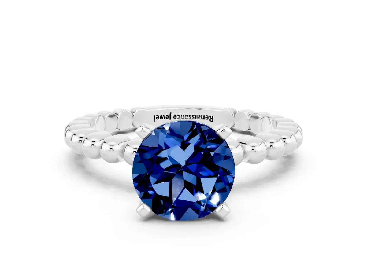 Round Cut Blue Sapphire Solitaire Ring with Beaded Band and Prong Setting Platinum