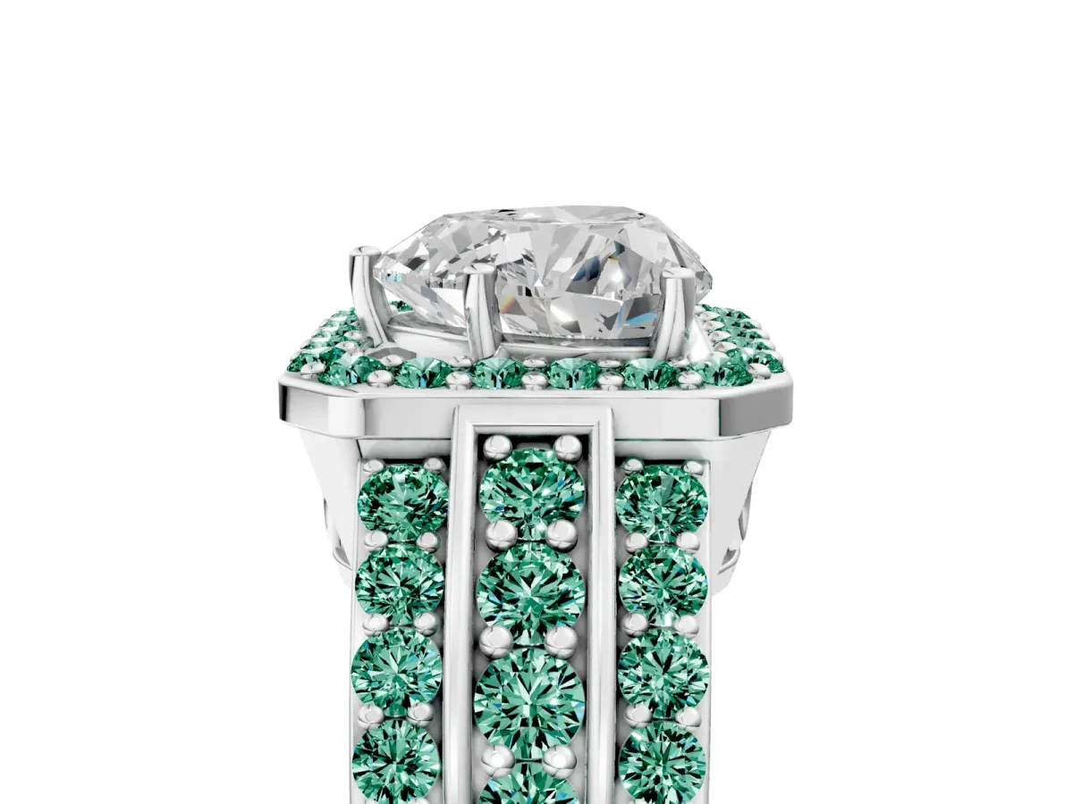 Heart Cut Halo Diamond Ring with Round Green Sapphire Split Shank and Prong Setting Silver