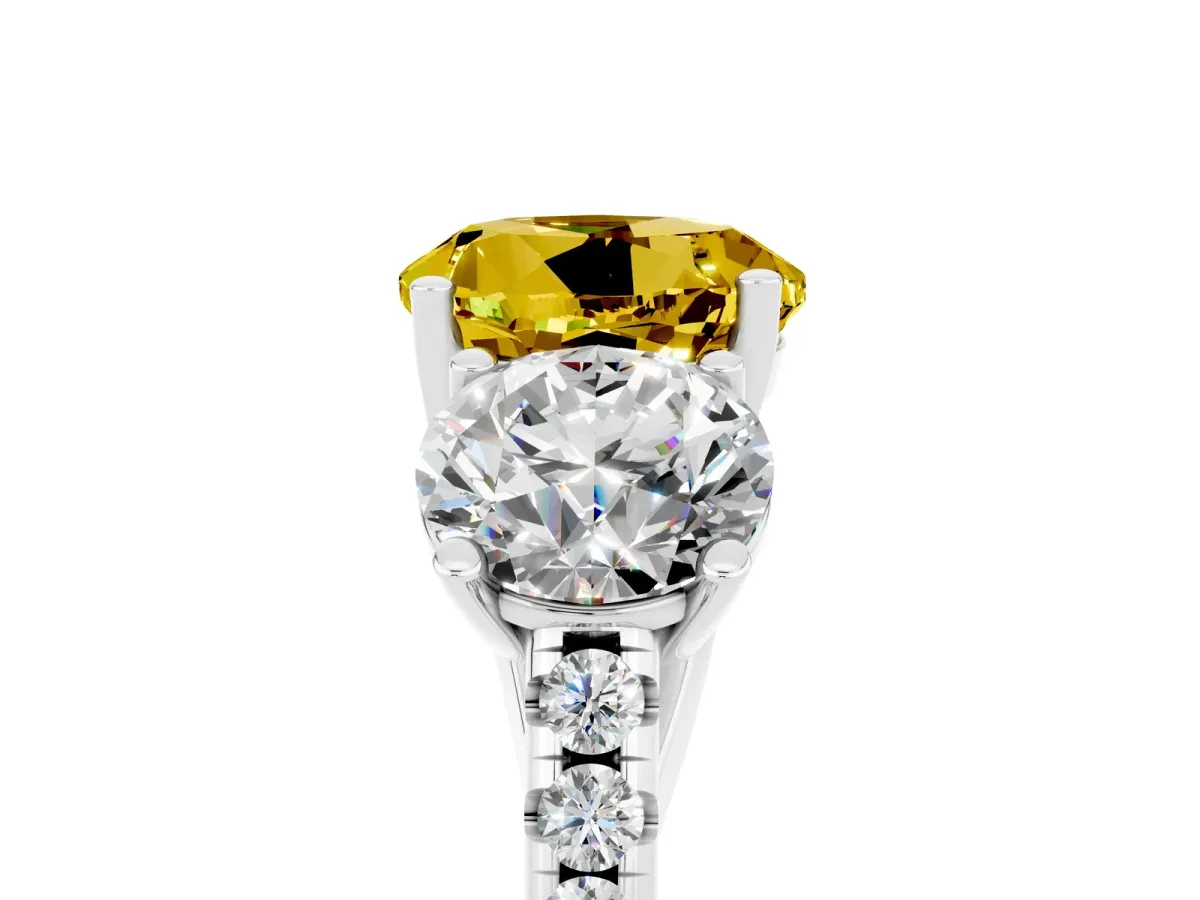 Three-Stone Round Cut Yellow Sapphire Ring with Round Pavé Band and Prong Setting Silver
