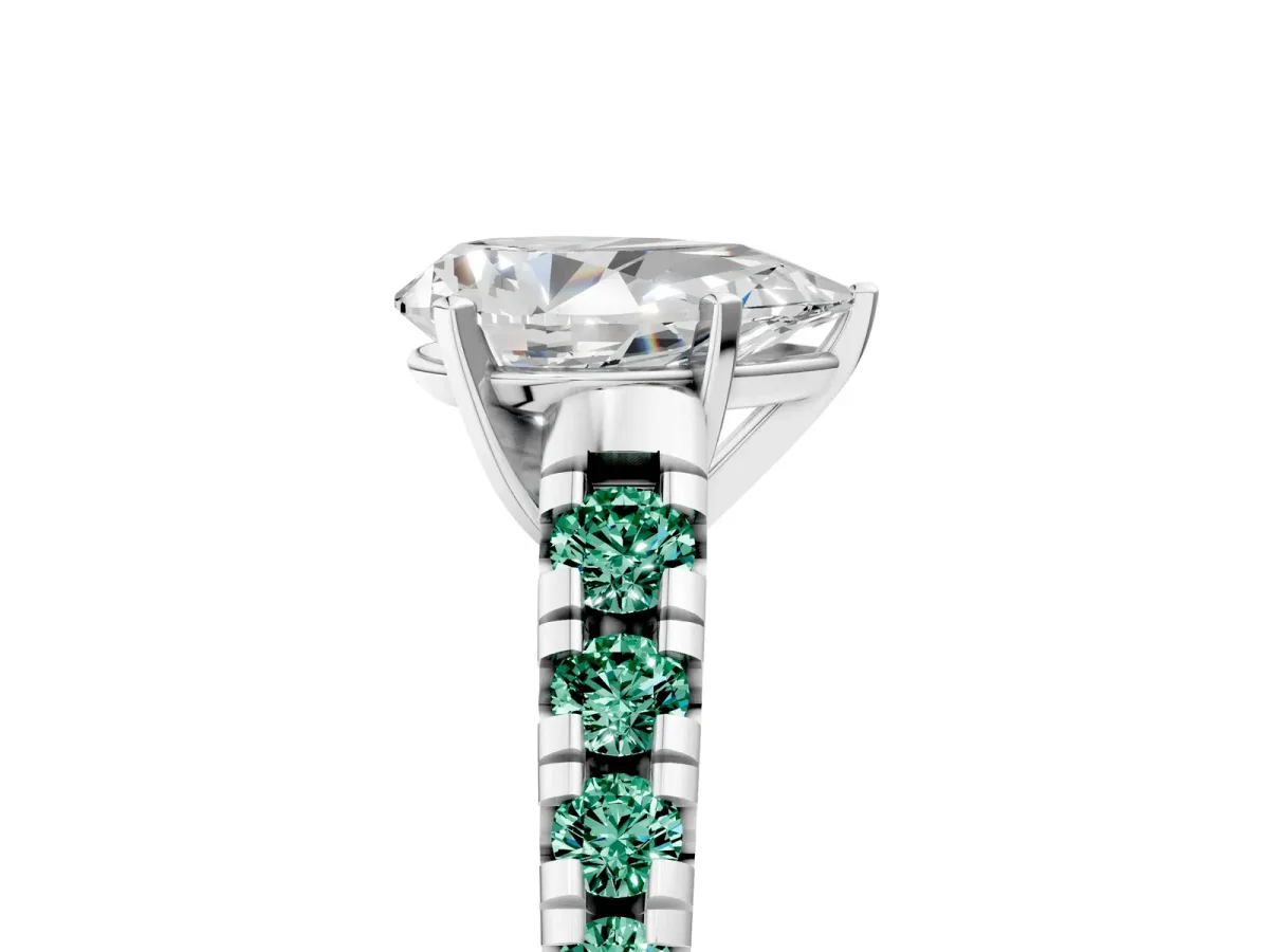 Pear Cut Diamond Cathedral Solitaire Ring with Round Green Sapphire Pavé Band Silver