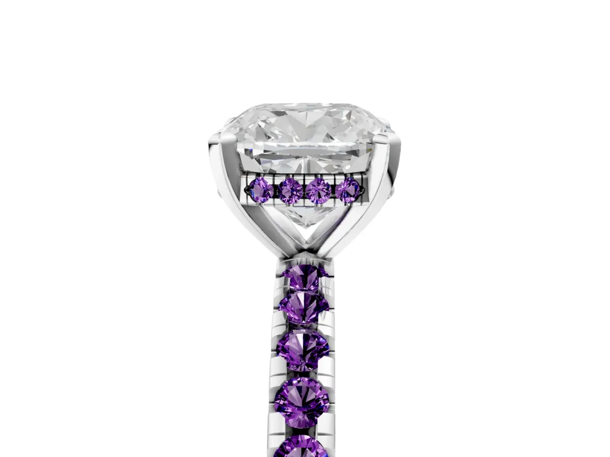 Cushion Cut Diamond Solitaire Ring with Round Amethyst Pavé Band and Four-Prong Setting Silver