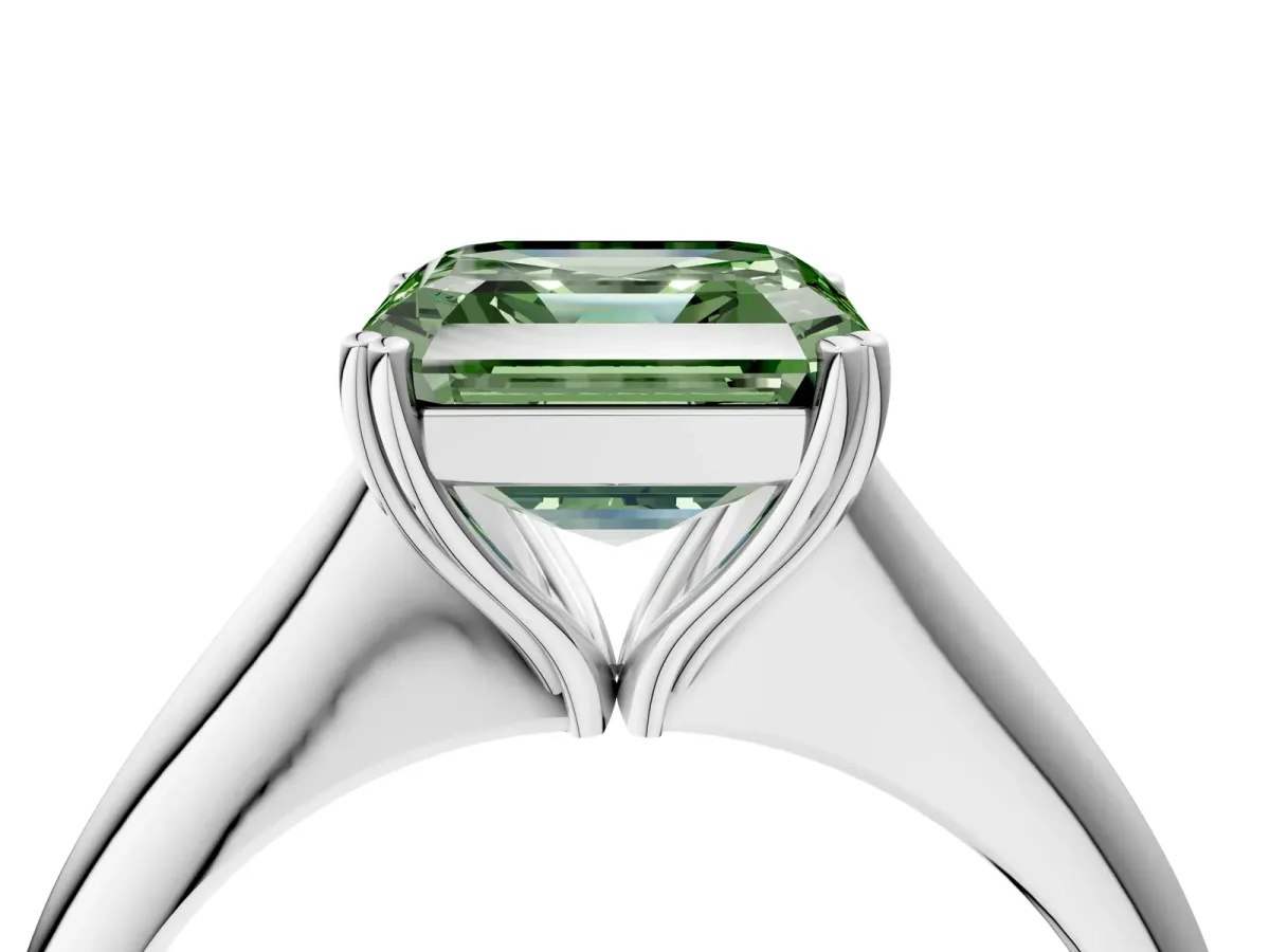 Fancy Green Asscher Cut Solitaire Diamond Ring with Six-Prong Setting and Classic Band Platinum