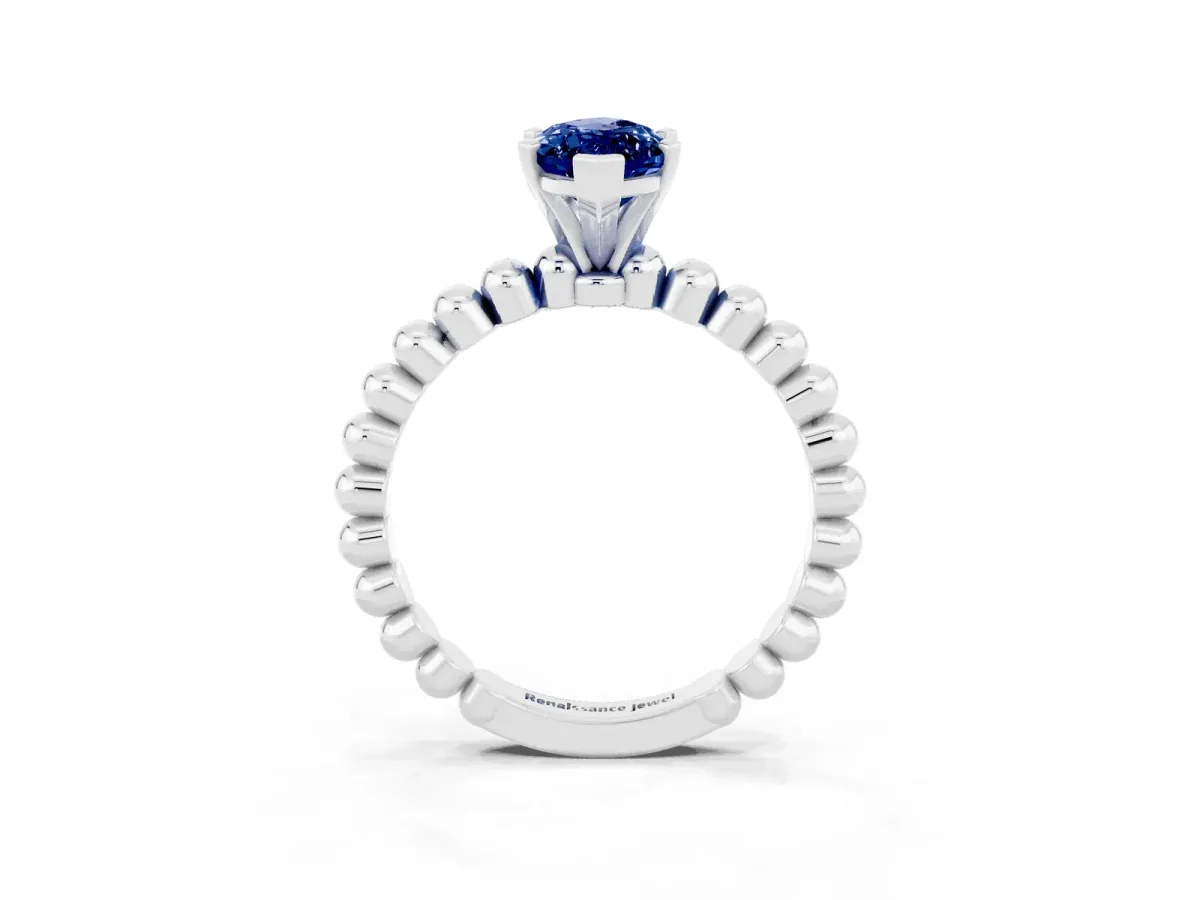 Marquise Cut Blue Sapphire Solitaire Ring with Beaded Band and Prong Setting Silver