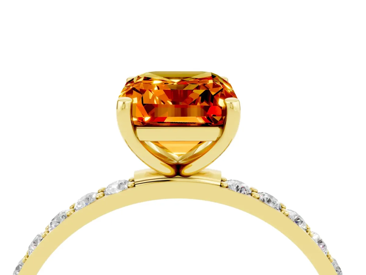 Emerald Cut Citrine Solitaire Ring with Round Pavé Band and Prong Setting Yellow gold