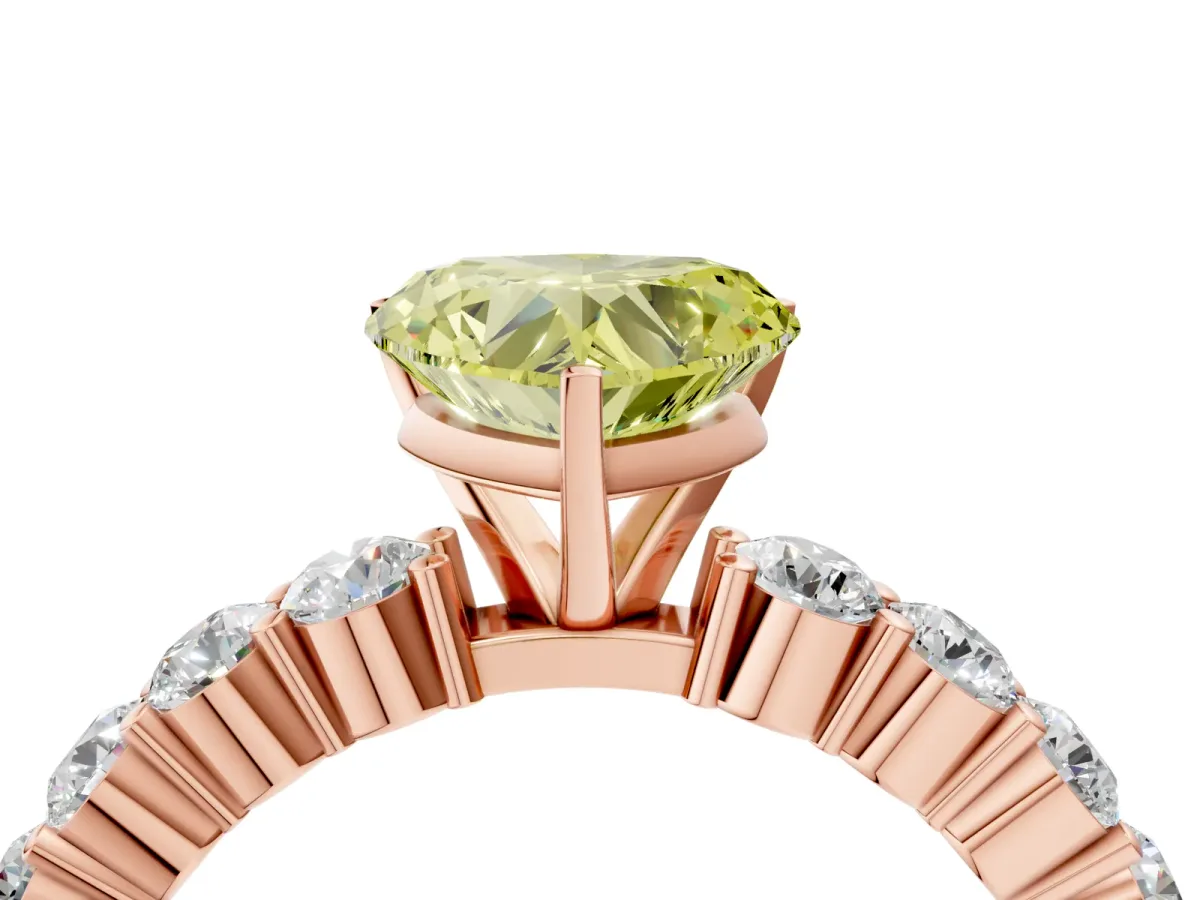 Fancy Yellow Heart Cut Diamond Solitaire Ring with Shared Prong Round Side Stones Rose gold