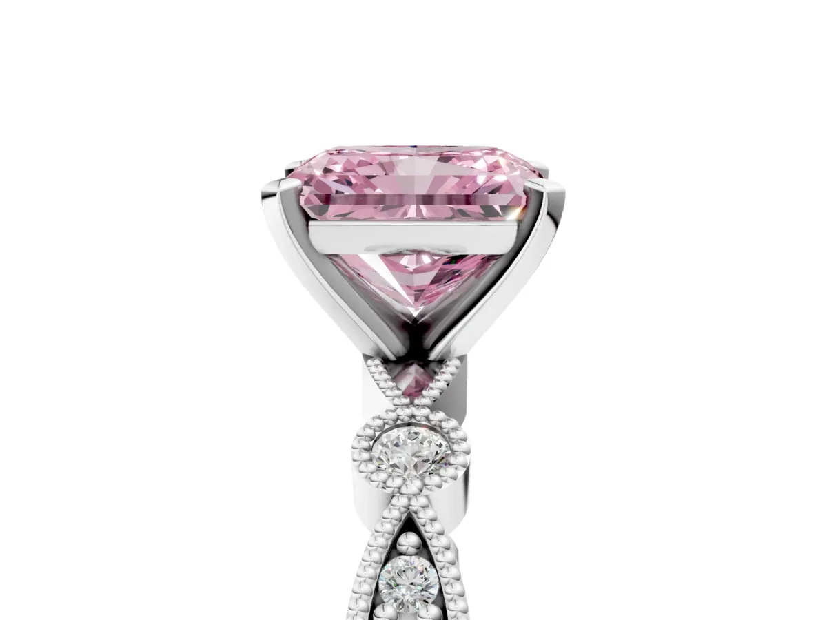 Fancy Pink Radiant Cut Milgrain Bezel Diamond Engagement Ring with Solitaire Prong Setting Platinum