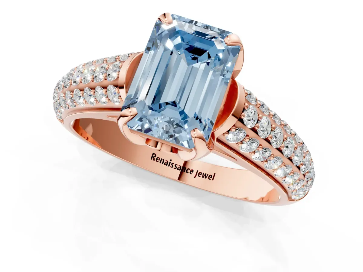 Fancy Blue Emerald Cut Diamond Solitaire Ring with Three-Row Pavé Band and Four-Prong Setting Rose gold