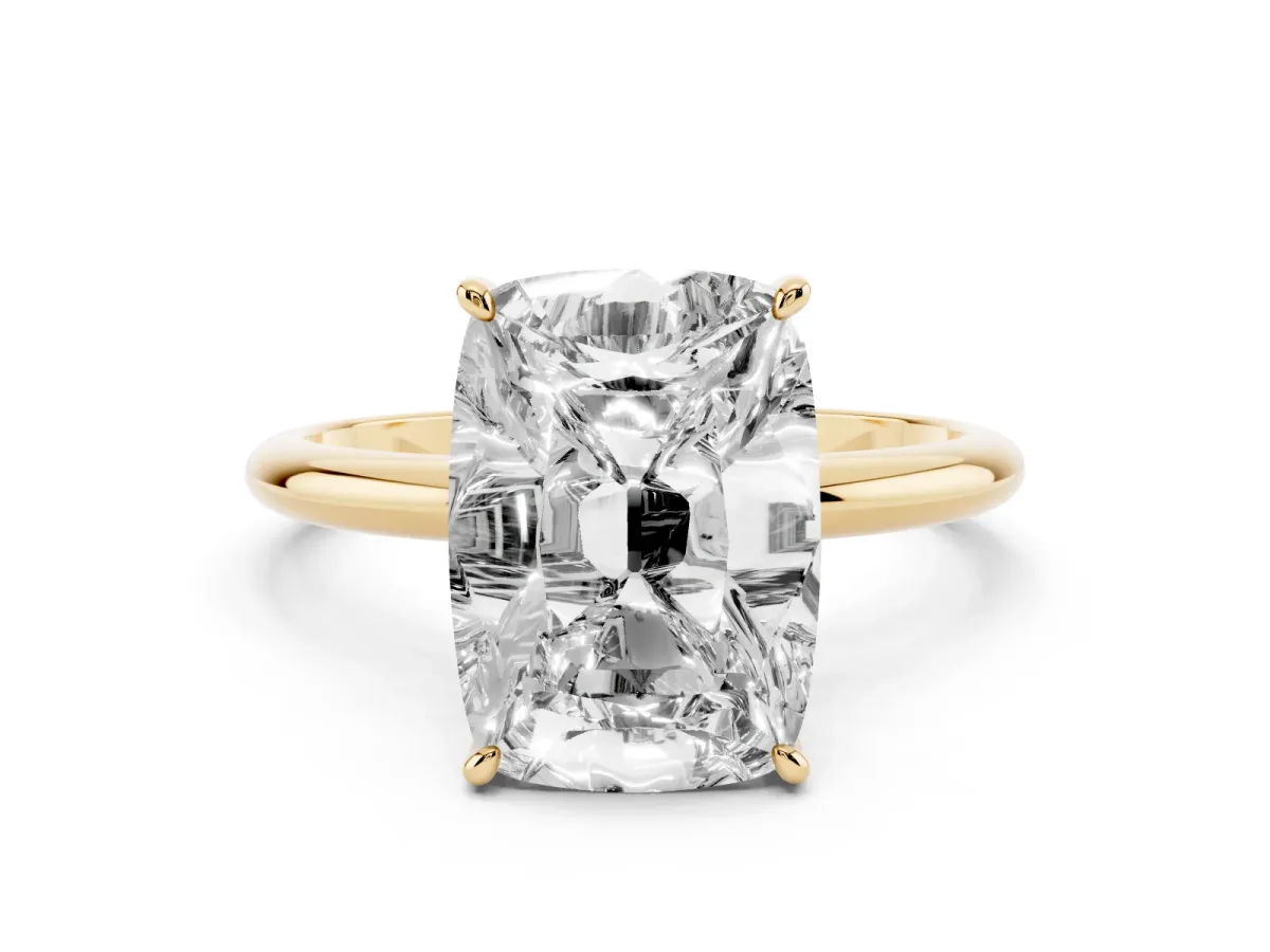 Old Mine Elongated Cushion Diamond Classic Band Four Prong Solitaire Ring Yellow gold