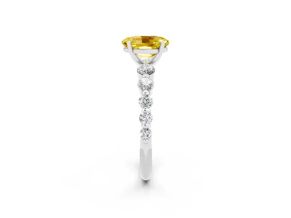 Oval Cut Solitaire Yellow Sapphire Ring with Pave Band and Four-Prong Setting Silver