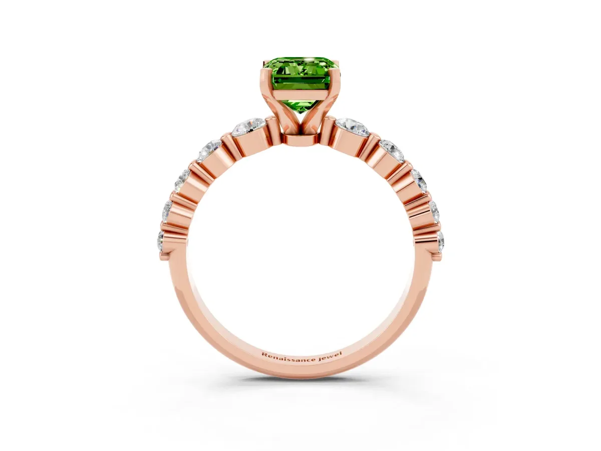 Emerald Cut Solitaire Peridot Ring with Pave Band and Four-Prong Setting Rose gold