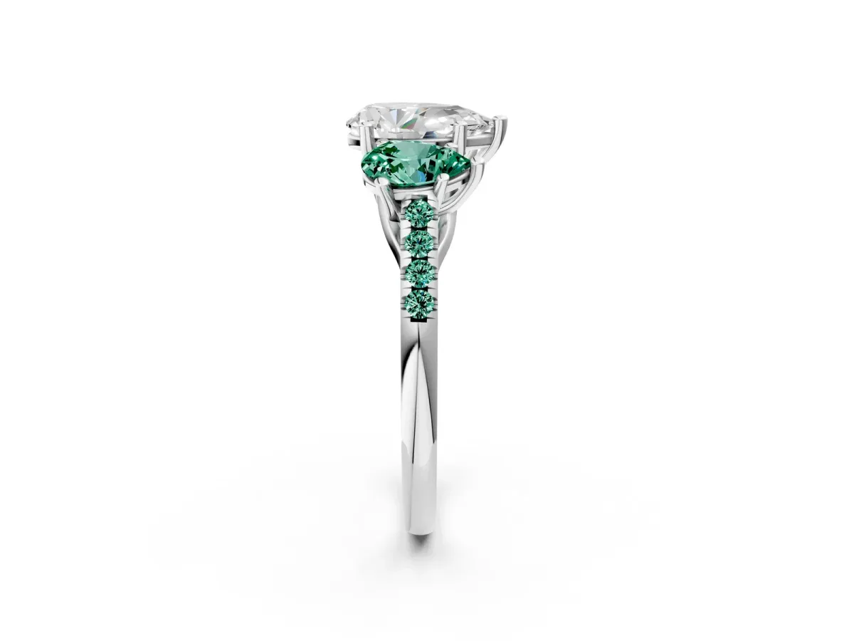 Three-Stone Pear Cut Diamond Ring with Round Green Sapphire Pavé Band and Prong Setting Silver