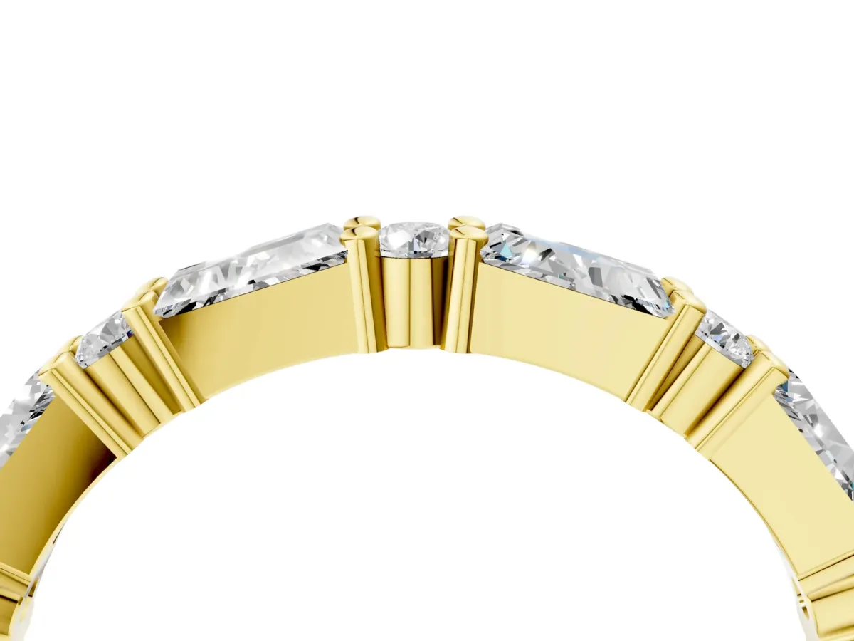 Baguette and Round Diamond Bar Setting Half Eternity Band with Prong Setting Yellow gold