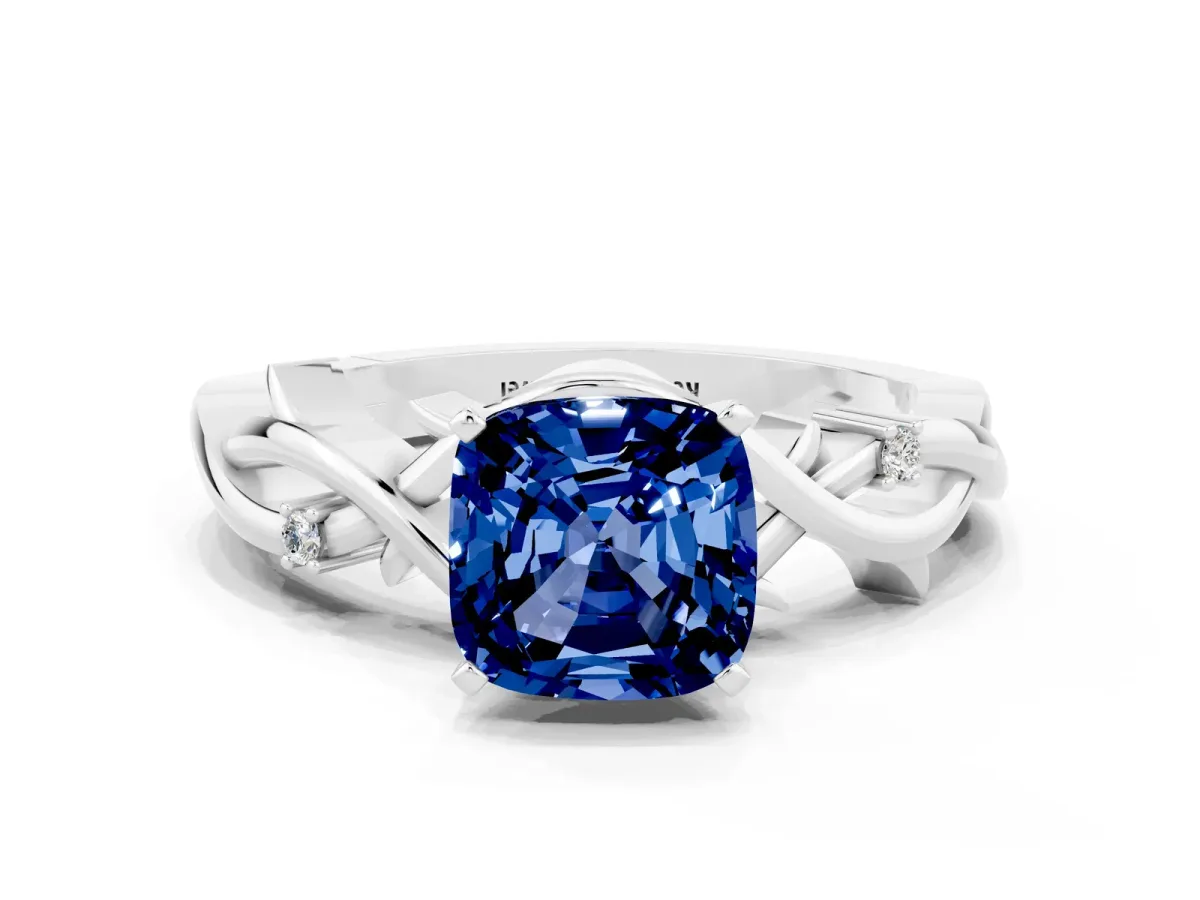 Cushion Cut Blue Sapphire Solitaire Ring with Twisted Band and Prong Setting Silver