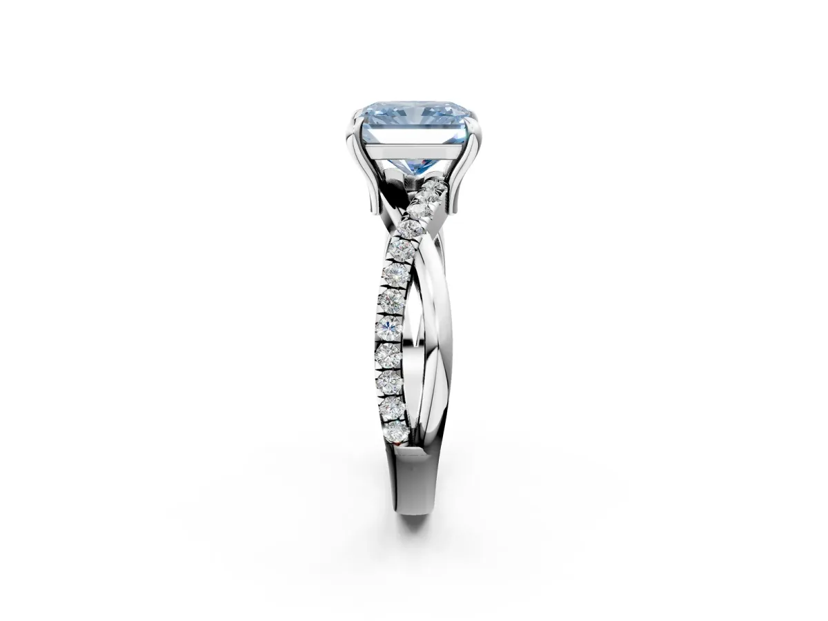 Fancy Blue Radiant Cut Cut Twist Band Solitaire Diamond Ring with Pavé Setting Platinum