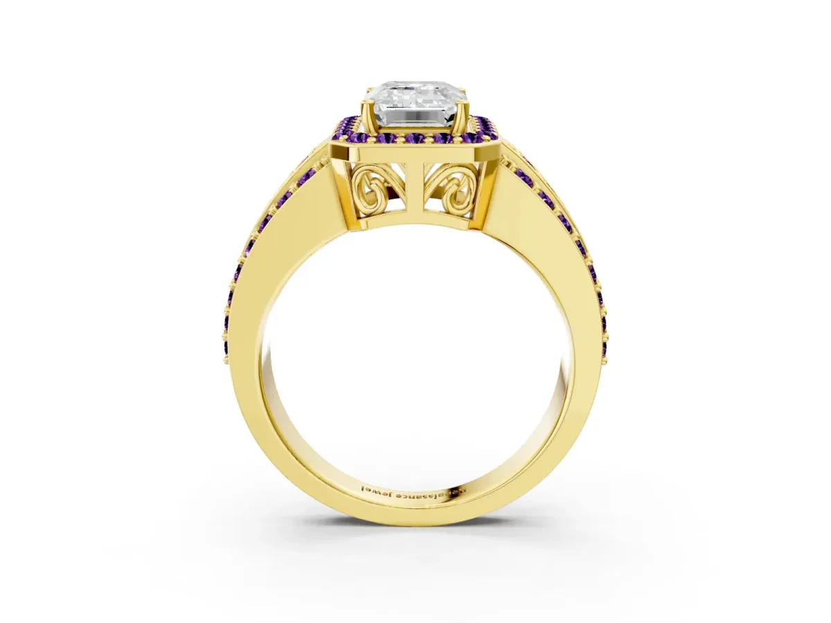 Emerald Cut Halo Diamond Ring with Round Amethyst Split Shank and Prong Setting Yellow gold
