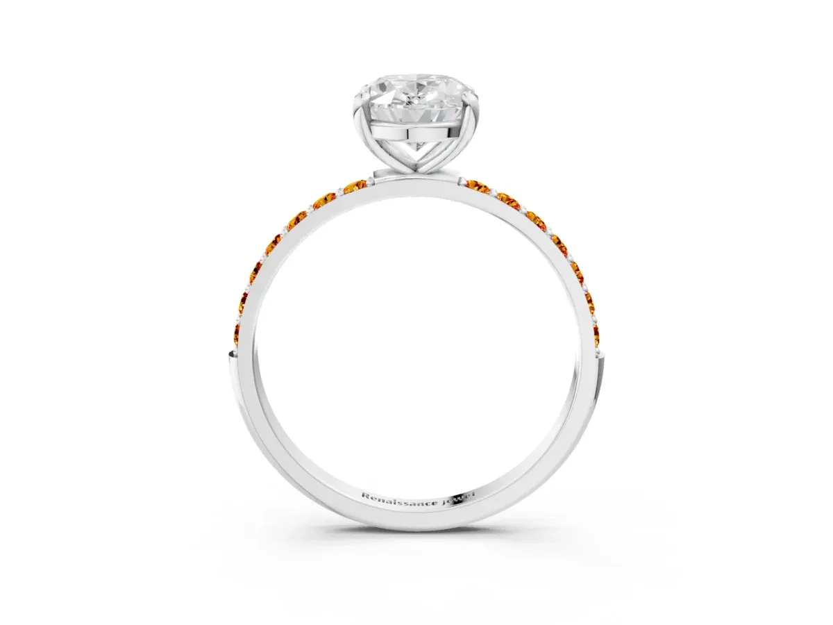 Oval Cut Diamond Solitaire Ring with Round Citrine Pavé Band and Prong Setting Silver