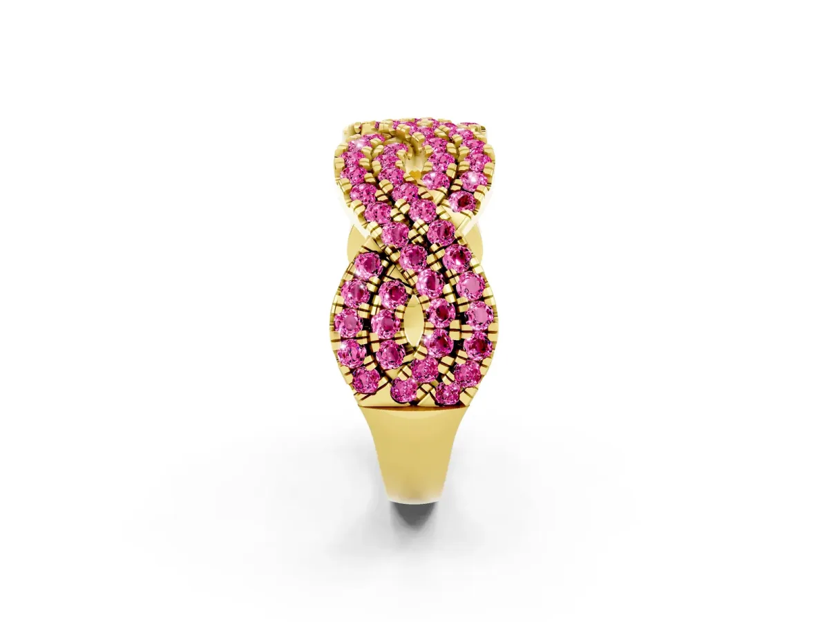 Pavé Round Pink Sapphire Infinity Twist Band with Shared Prong Setting Yellow gold