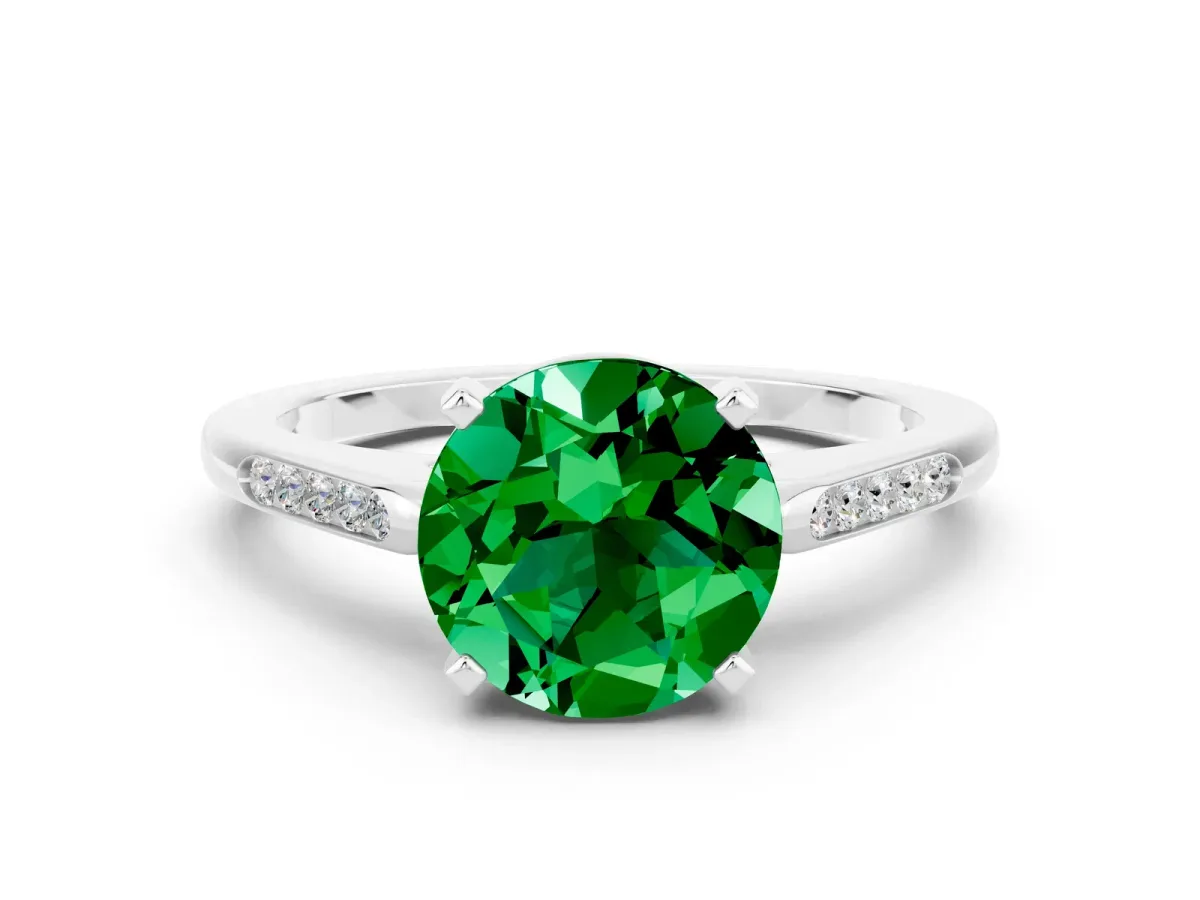 Round Cut Emerald Solitaire Ring with Channel Set Round Band and Prong Setting Silver