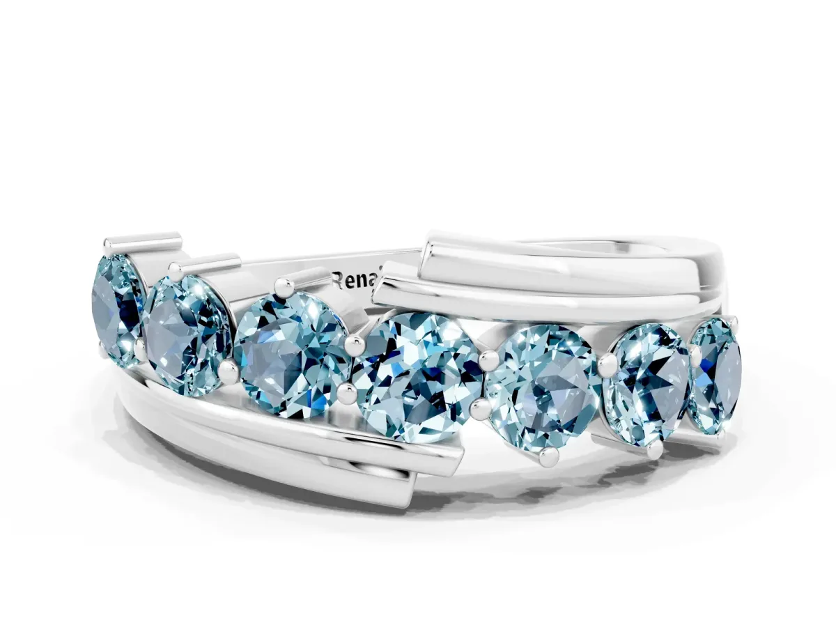 Round Aquamarine Wave Band with Channel and Shared Prong Setting Platinum