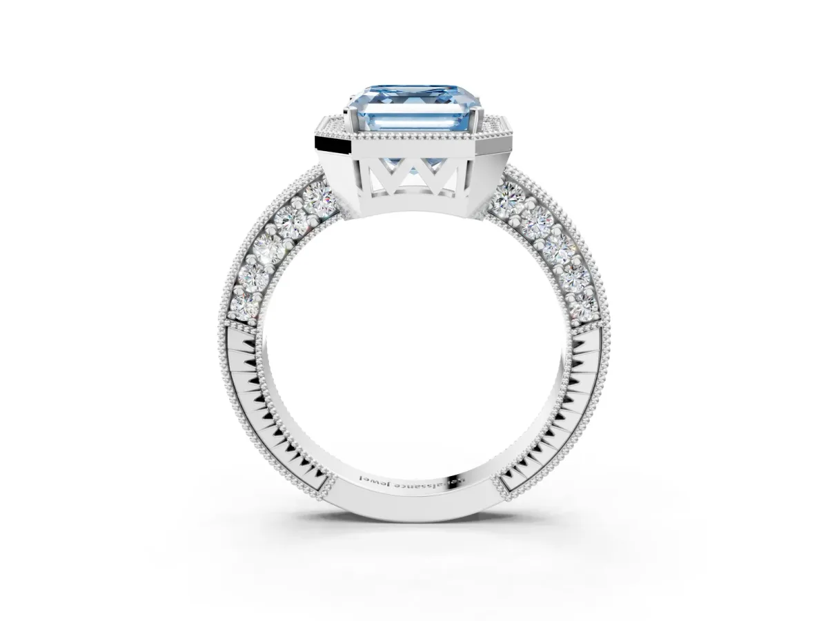 Fancy Blue Asscher Cut Cut Halo Diamond Pave Band Ring with Four-Prong Setting Platinum