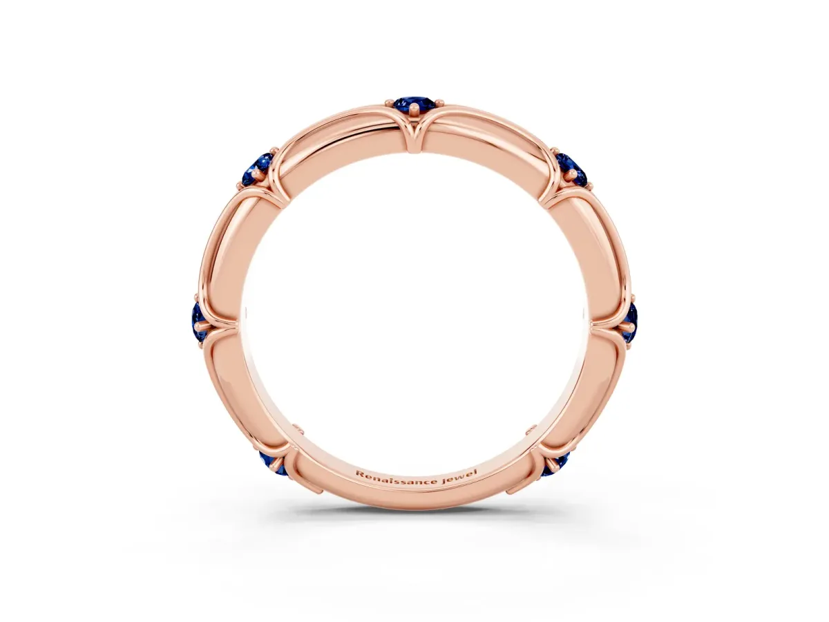 Round Blue Sapphire Prong Set Milgrain Eternity Band Rose gold