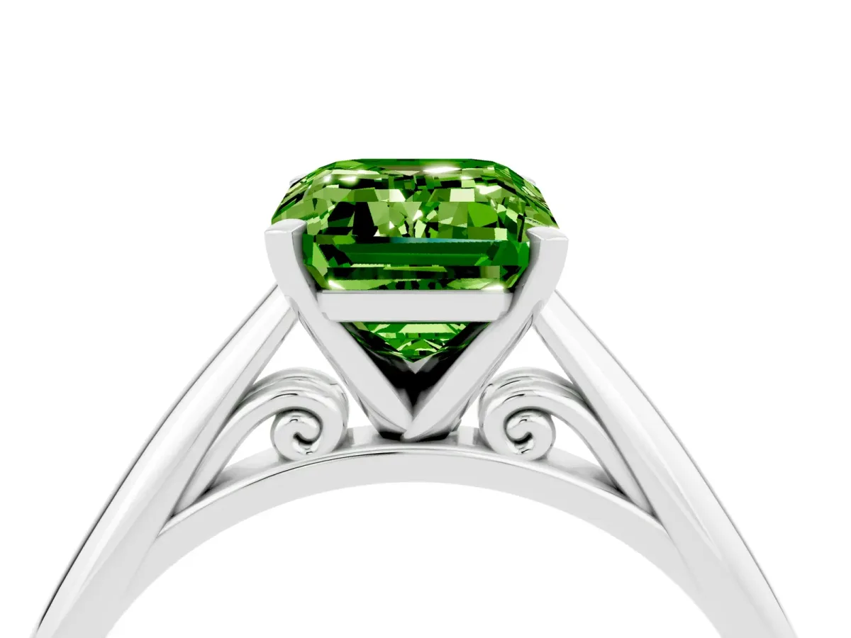 Emerald Cut Peridot Solitaire Engagement Ring with Cathedral Setting and Four-Prong Mount White gold