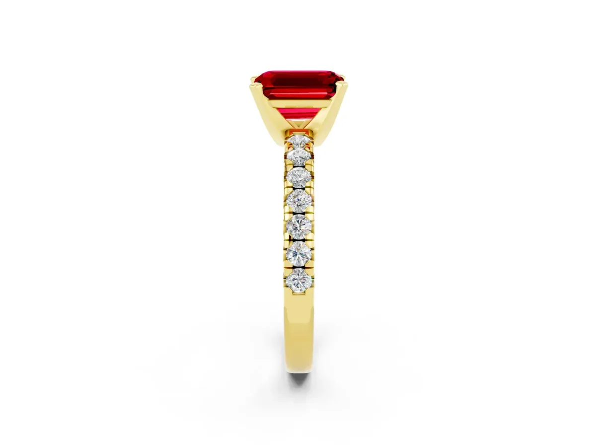 Emerald Cut Ruby Solitaire Pavé Engagement Ring with Round Band and Prong Setting Yellow gold