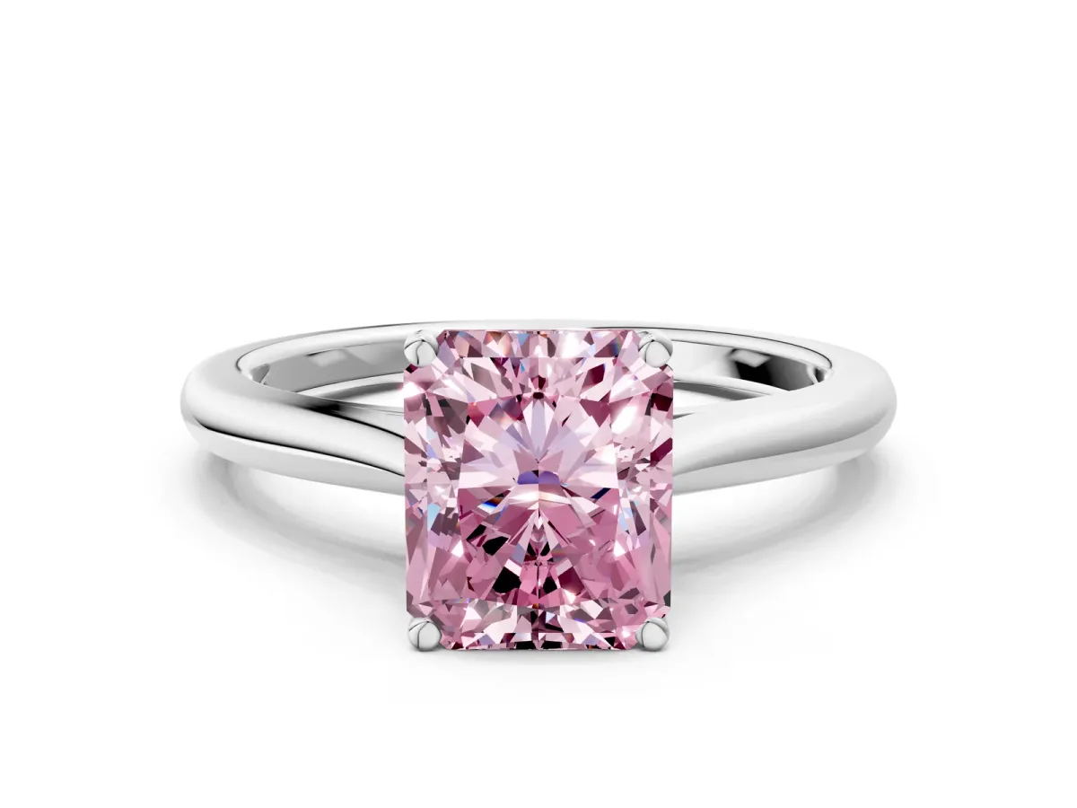 Fancy Pink Radiant Cut Cut Solitaire Ring with Cathedral Band and Four-Prong Setting Platinum
