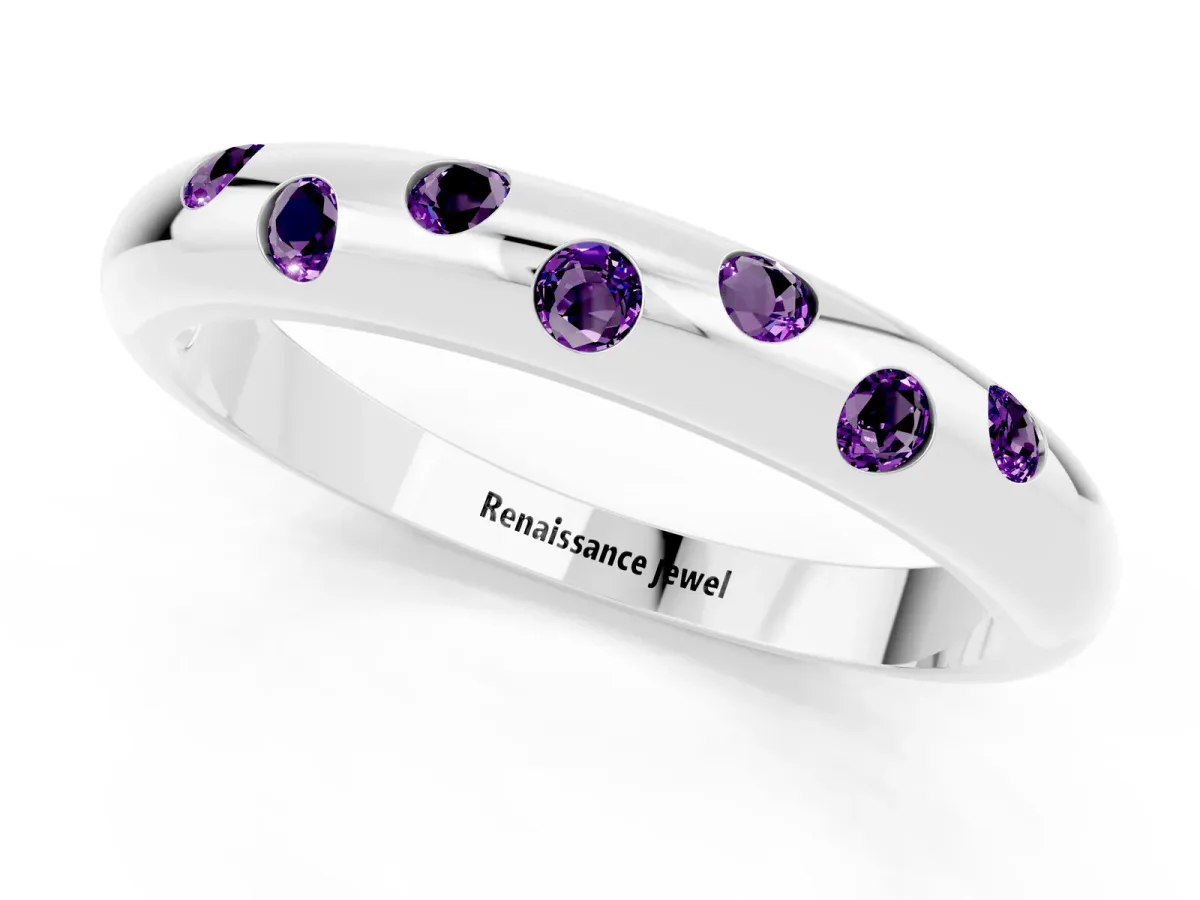 Round Amethyst Flush-Set Comfort Fit Band White gold