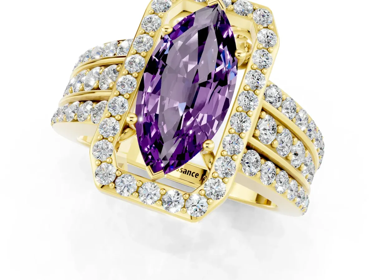 Marquise Cut Halo Amethyst Ring with Round Split Shank and Prong Setting Yellow gold