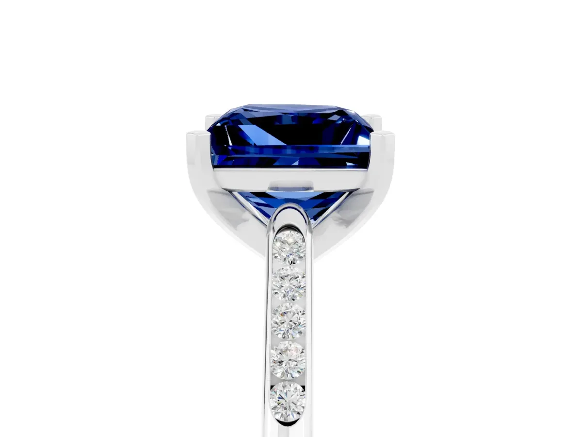Princess Cut Blue Sapphire Solitaire Ring with Channel Set Round Band and Prong Setting Silver