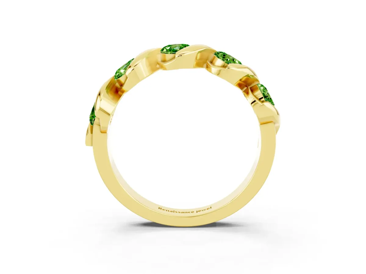 Round Peridot Wave Band with Channel Setting and Shared Prongs Yellow gold
