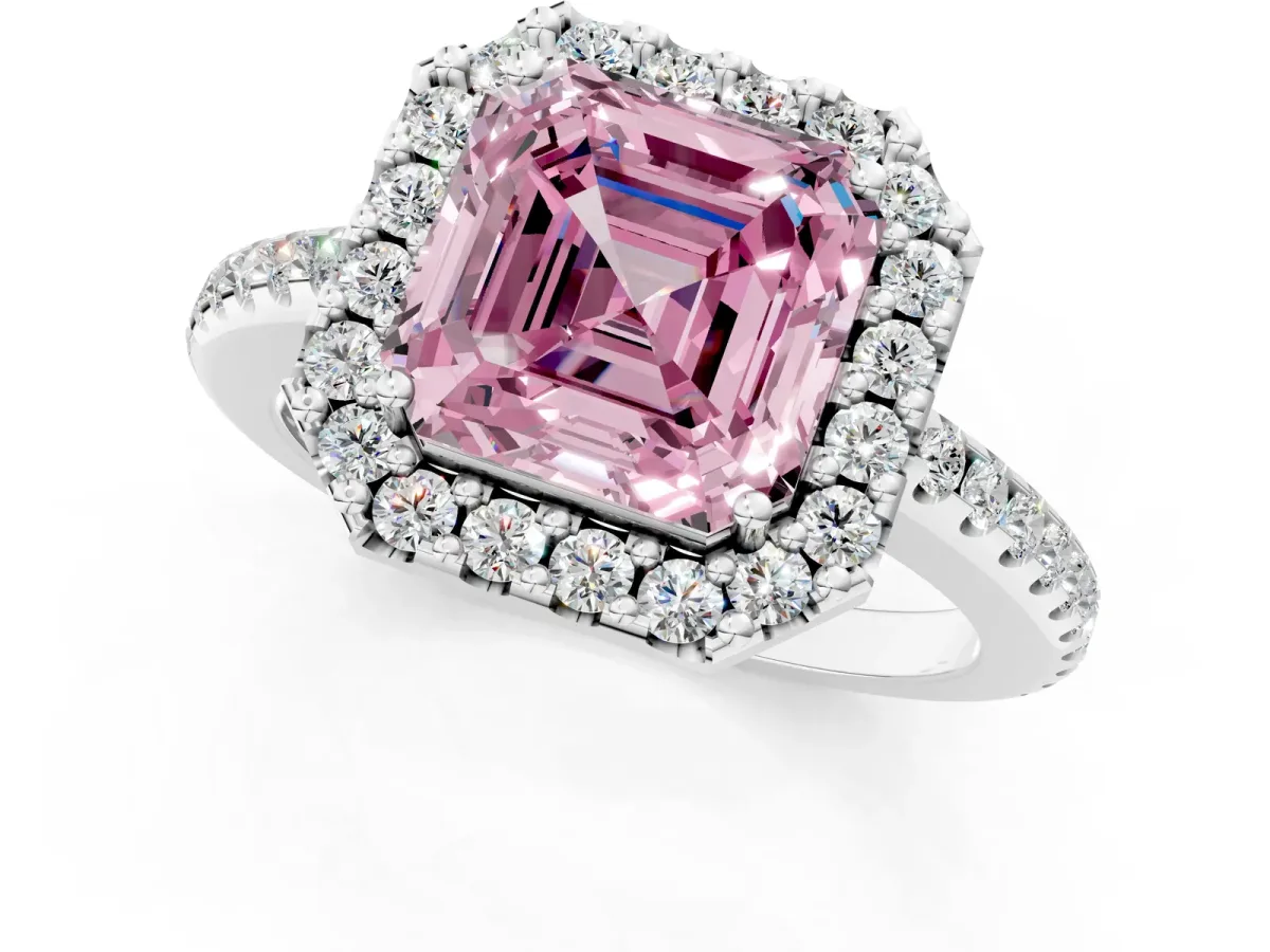 Fancy Pink Asscher Cut Diamond Pavé Halo Ring with Four-Prong Setting Platinum