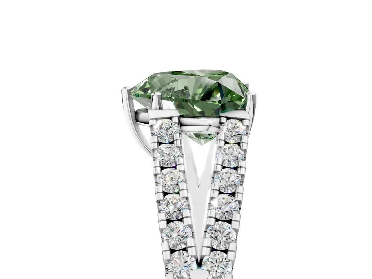Fancy Green Heart Cut Diamond Split Shank Pavé Engagement Ring with Four-Prong Setting White gold