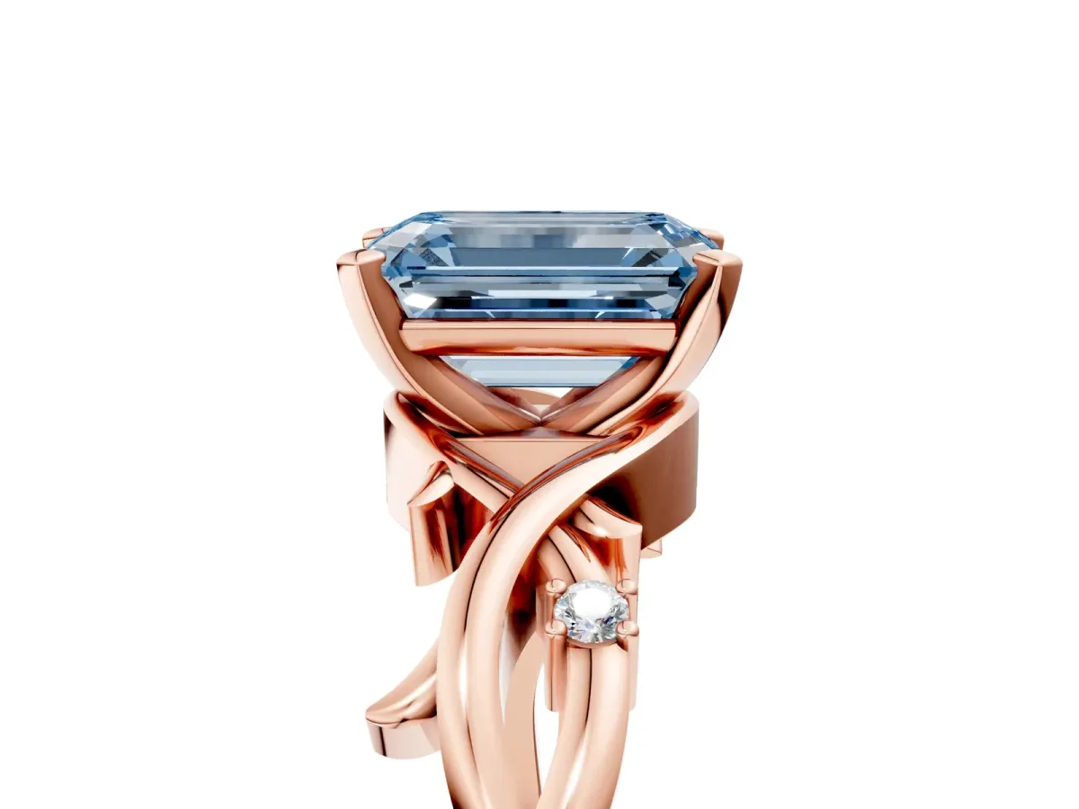 Fancy Blue Emerald Cut Diamond Solitaire Ring with Twisted Band and Prong Setting Rose gold