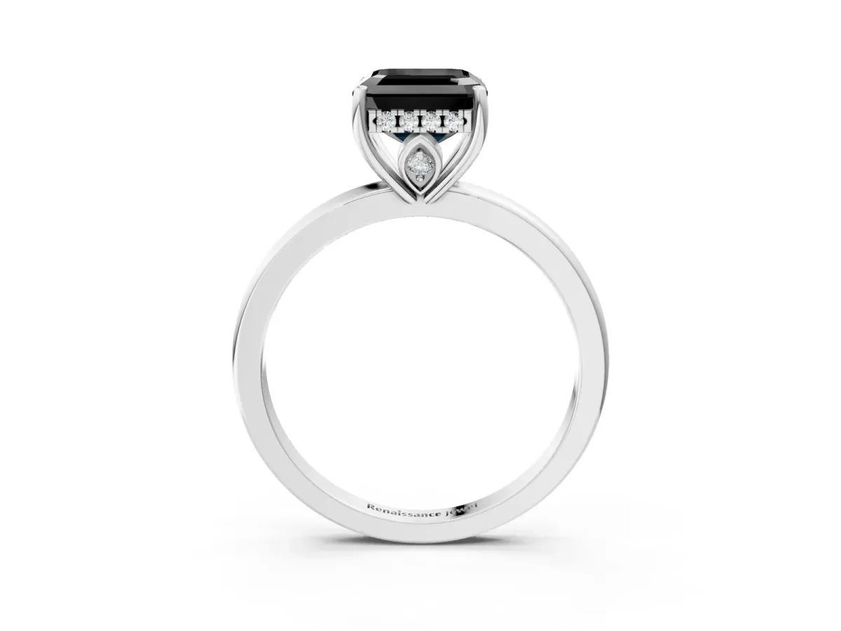 Fancy Black Asscher Cut Solitaire Diamond Ring with Prong Setting and Plain Band Silver