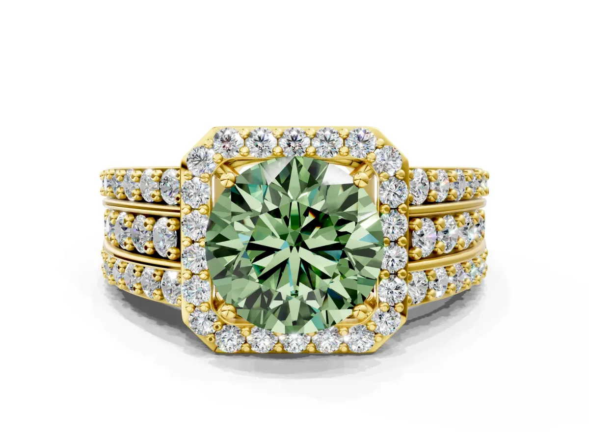 Fancy Green Round Cut Halo Diamond Ring with Round Split Shank and Prong Setting Yellow gold