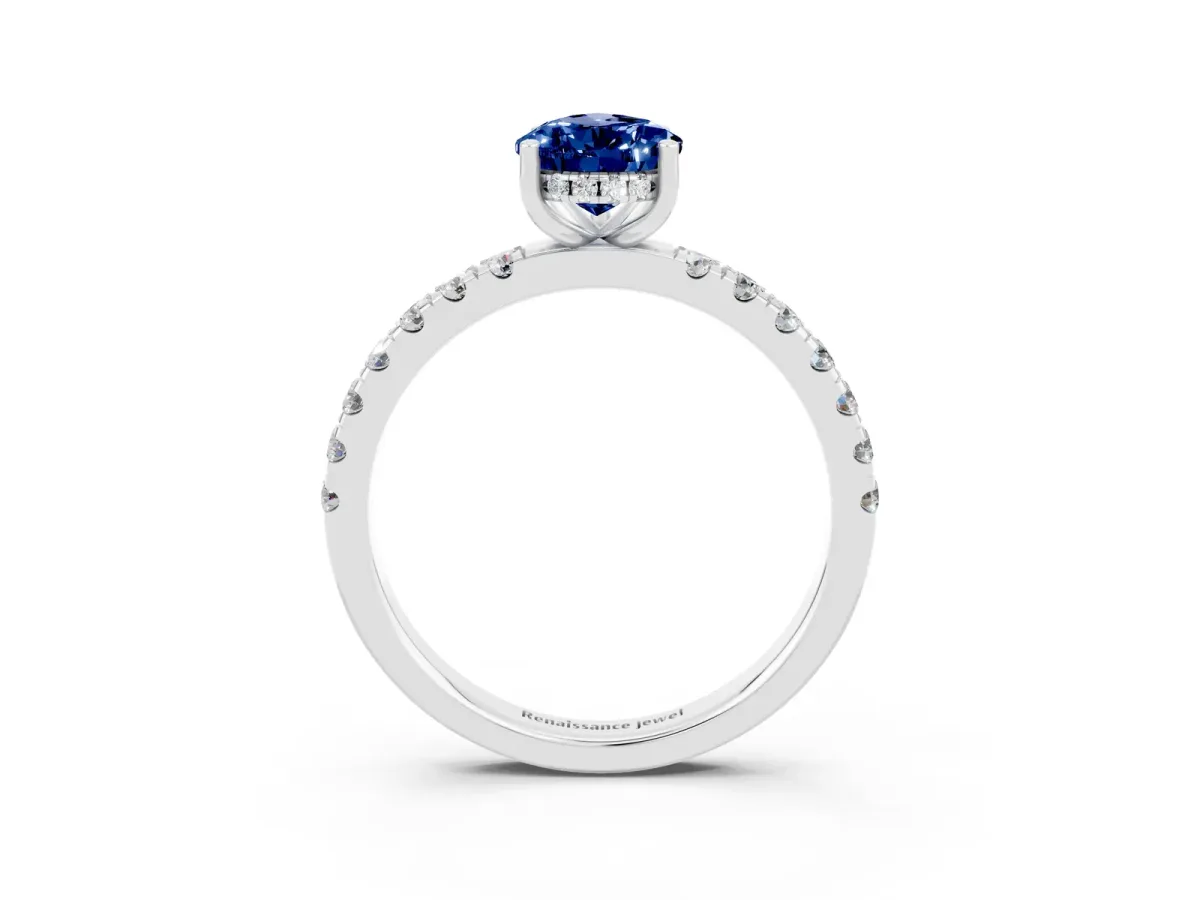 Pear Cut Blue Sapphire Pave Band Solitaire Ring with Round and Prong Setting Platinum