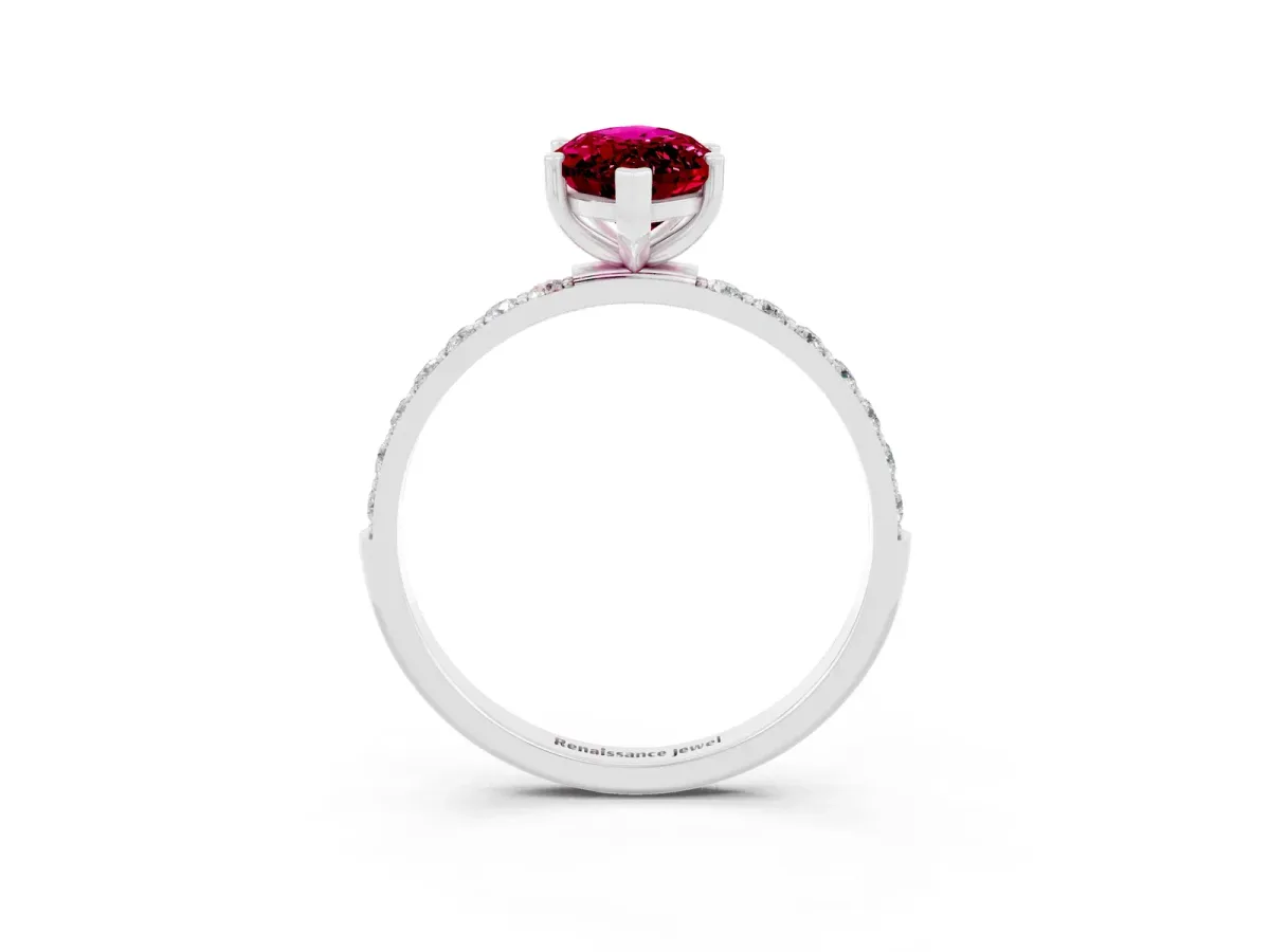 Marquise Cut Garnet Solitaire Ring with Round Pavé Band and Prong Setting Silver