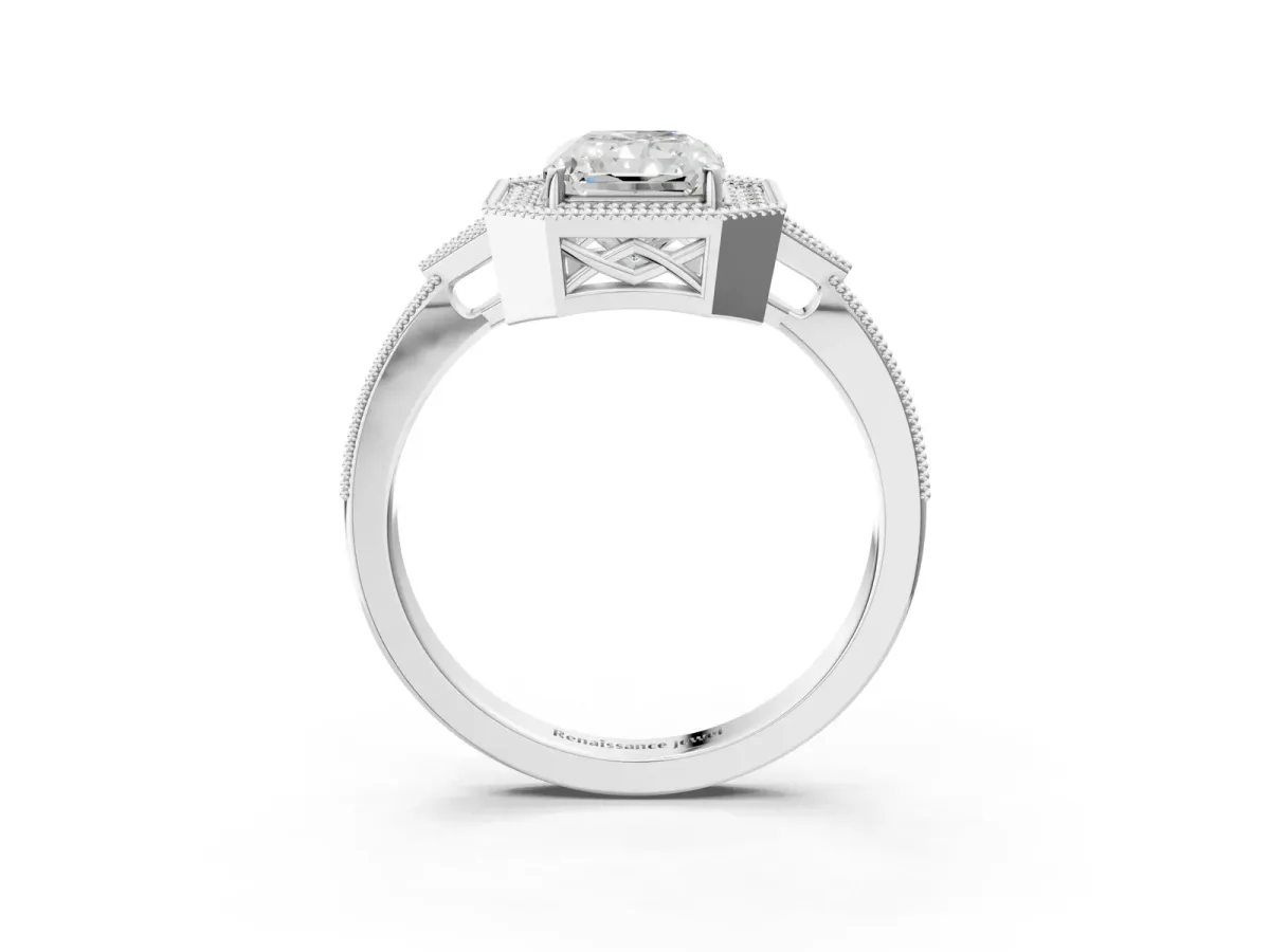 Radiant Cut Halo Round Diamond Milgrain Pave Engagement Ring Platinum