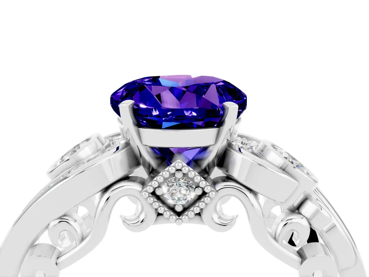 Round Cut Tanzanite Solitaire Ring with Milgrain Pavé Band and Four-Prong Setting Silver