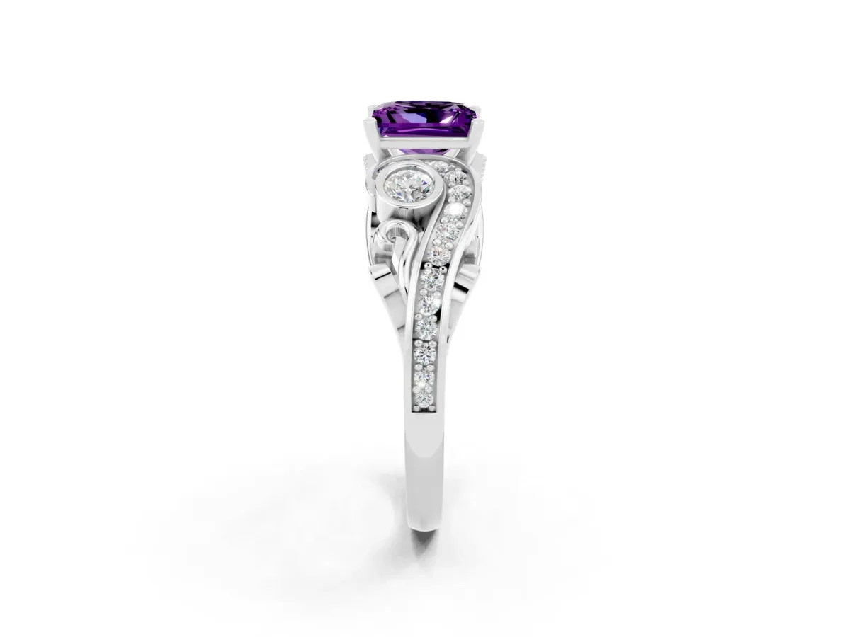 Princess Cut Amethyst Solitaire Ring with Milgrain Pavé Band and Four-Prong Setting Silver
