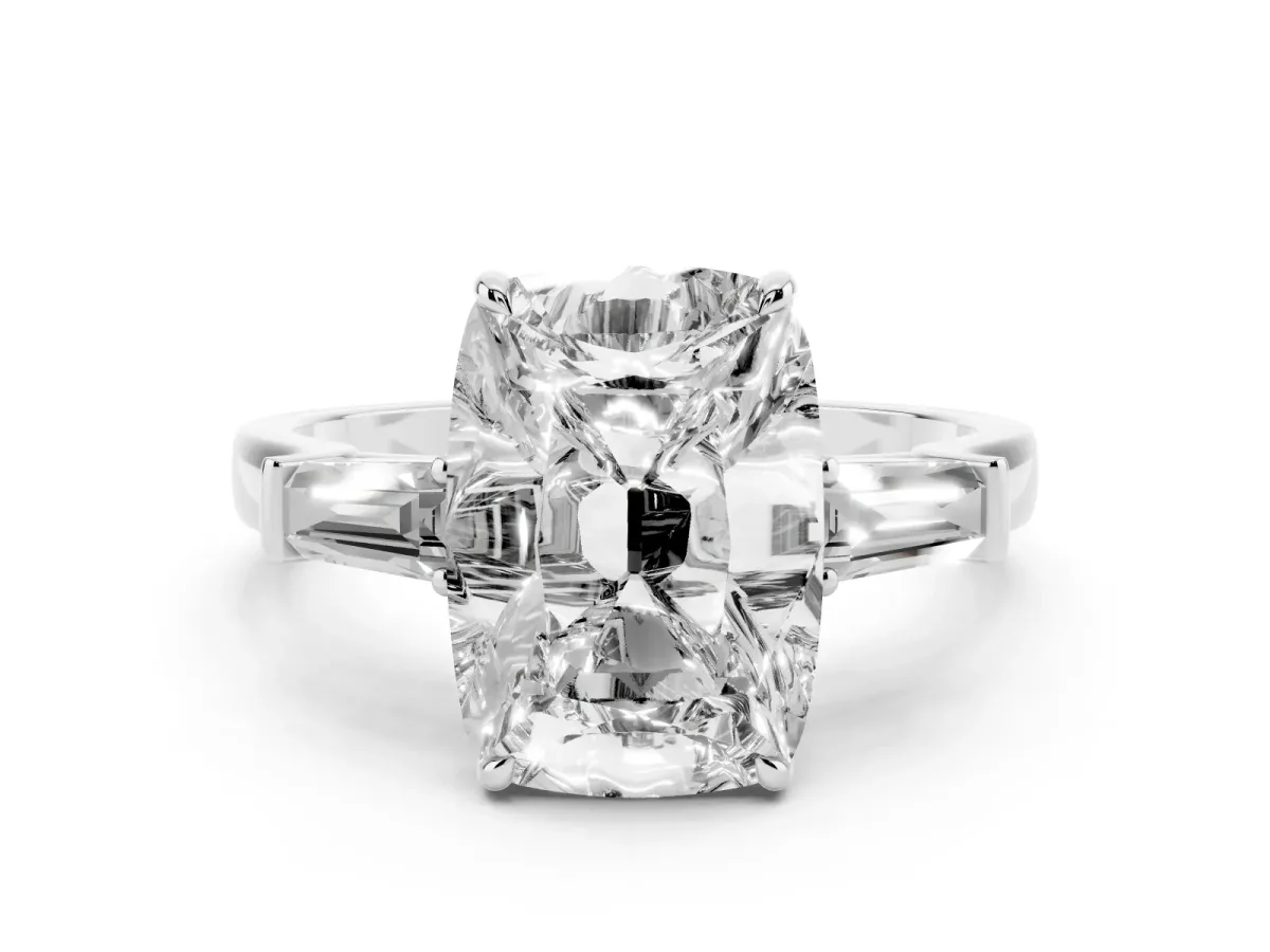 Old Mine Elongated Cushion Diamond with Side Tapered Baguette Three Stone Ring Silver