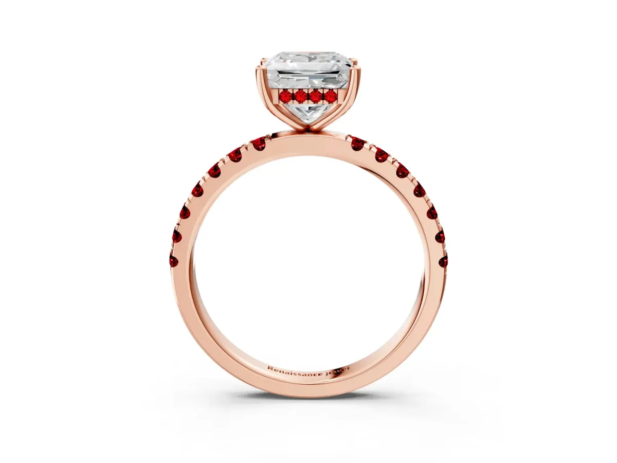 Princess Cut Diamond Pave Band Solitaire Ring with Round Ruby and Prong Setting Rose gold