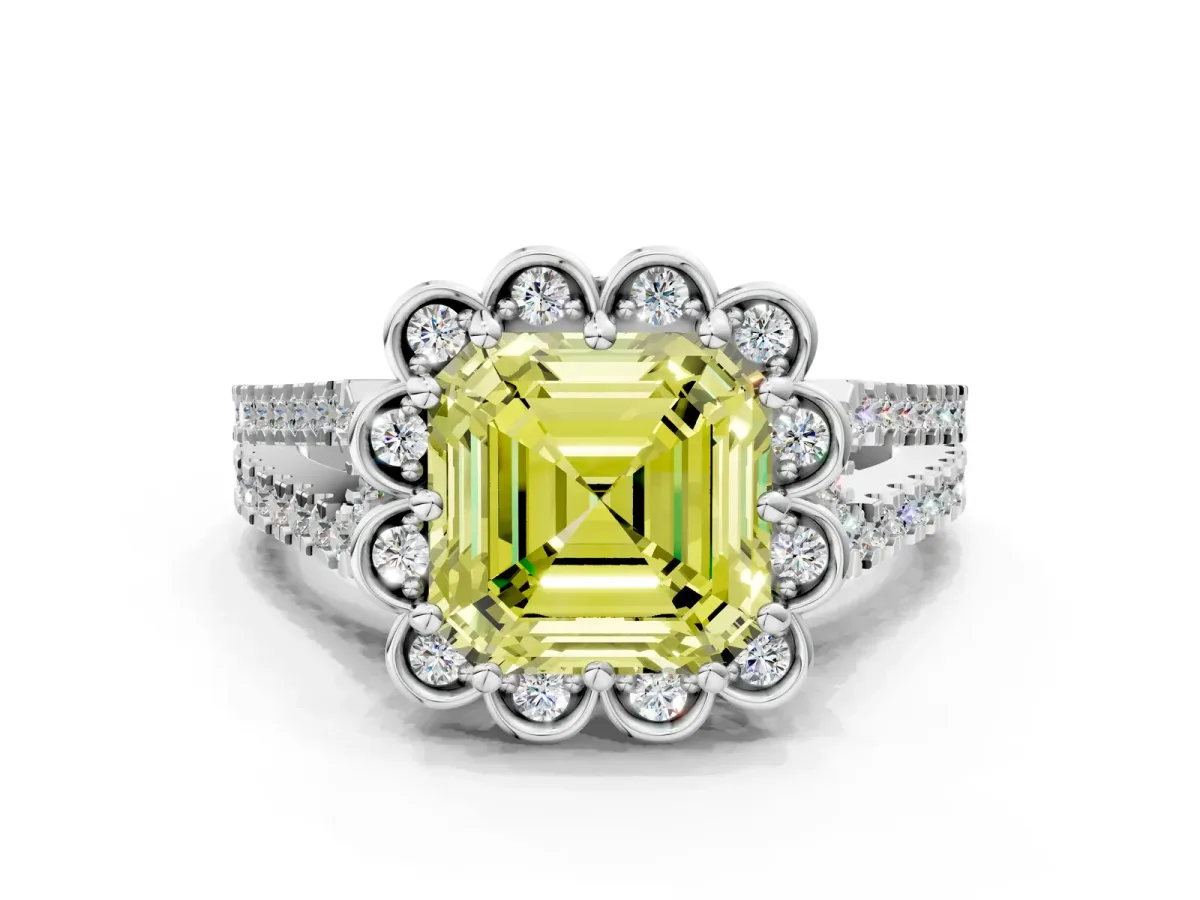 Fancy Yellow Asscher Cut Halo Diamond Floral Split Shank Engagement Ring Platinum