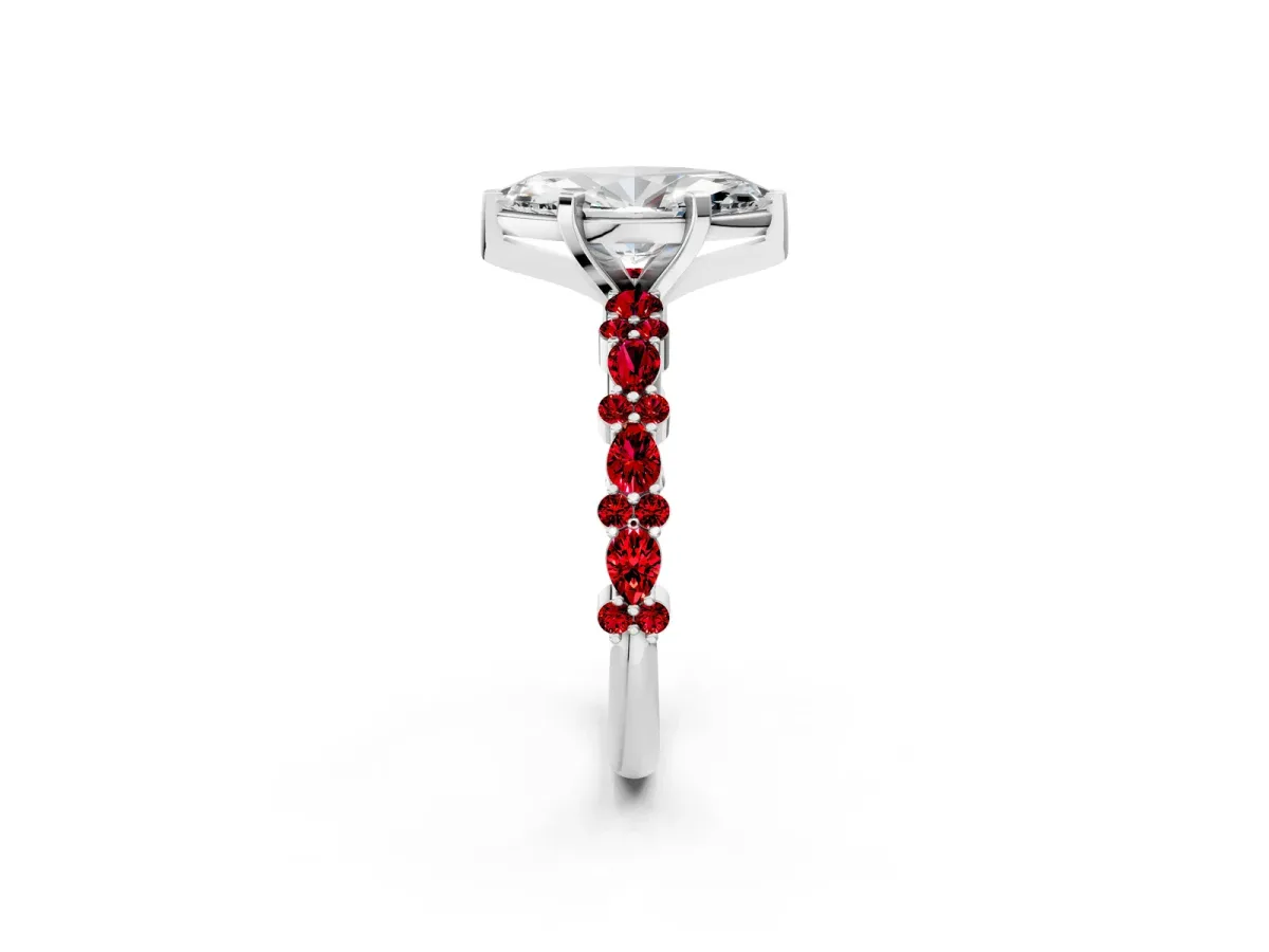 Marquise Cut Diamond Side Stone Solitaire Ring with Round Ruby and Four-Prong Setting Silver