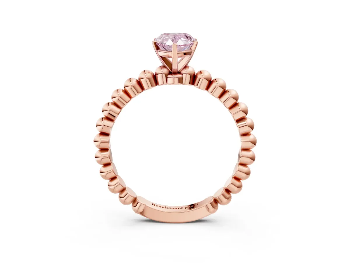 Fancy Pink Pear Cut Diamond Solitaire Ring with Beaded Band and Prong Setting Rose gold