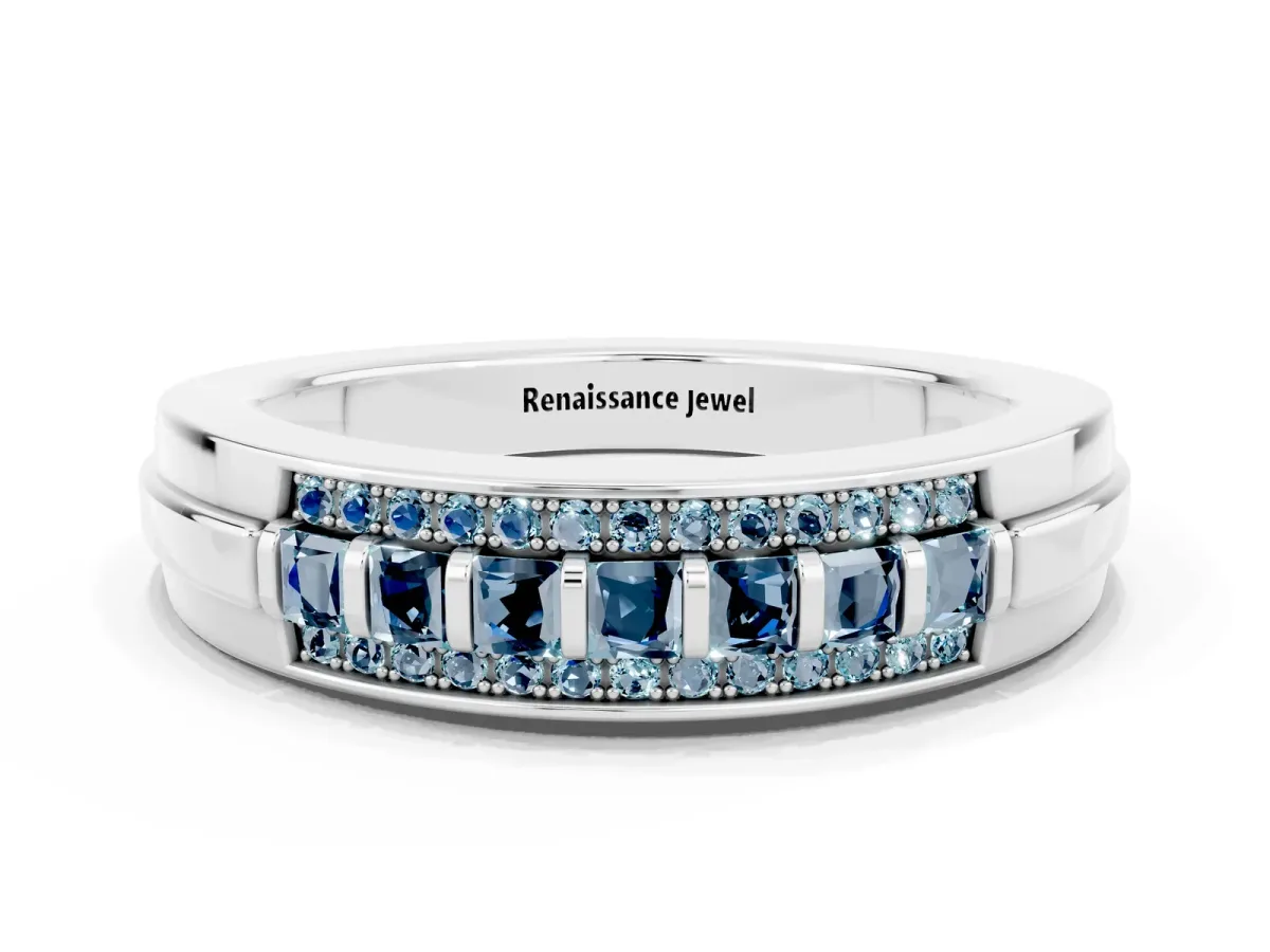 Bar-Set Princess Cut Aquamarine Pavé Band Silver